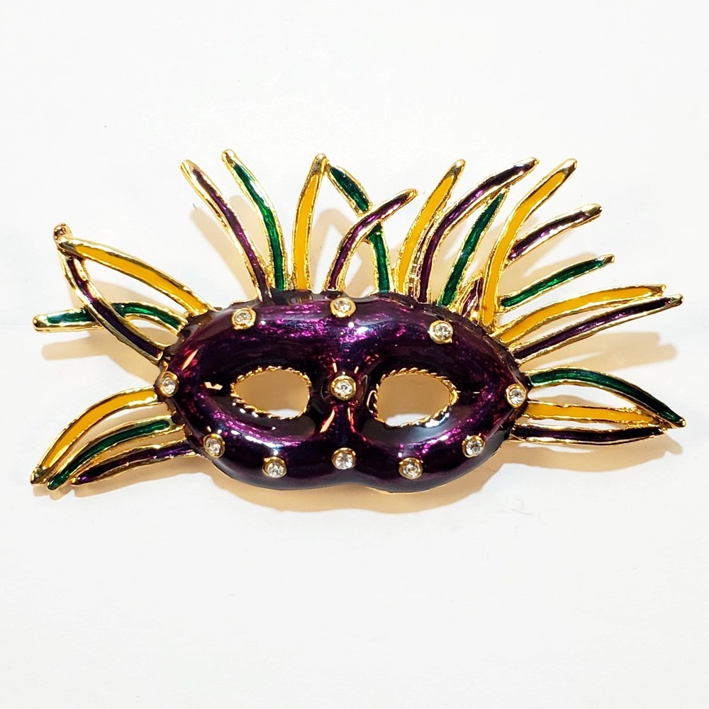 Masquerade Mardi Gras Mask Purple Green Yellow Enamel Rhinestones Brooch Pin
